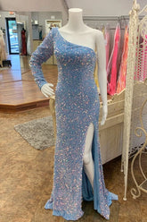 Light Blue Prom Dress Sequin One Shoulder Evening Gown Mermaid with Slit Mychicdress